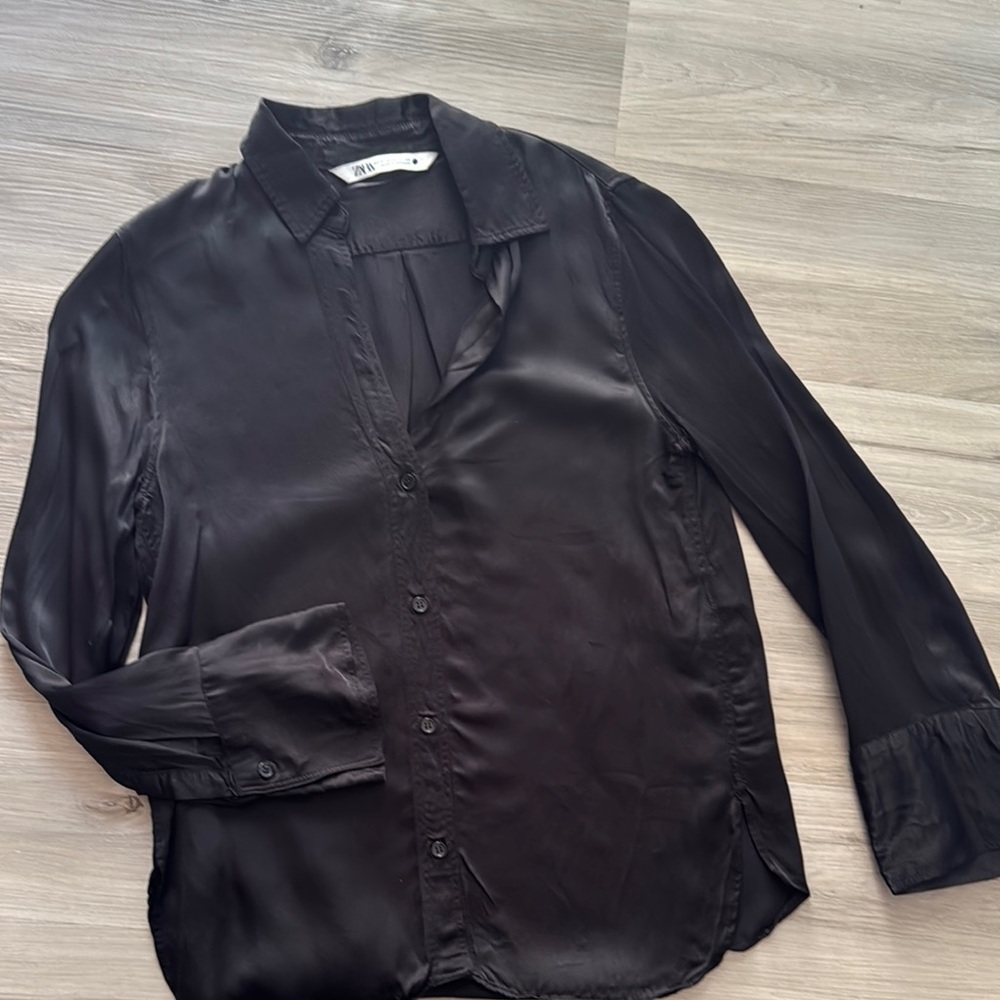 Zara Black Satin Casual Button Down Shirt